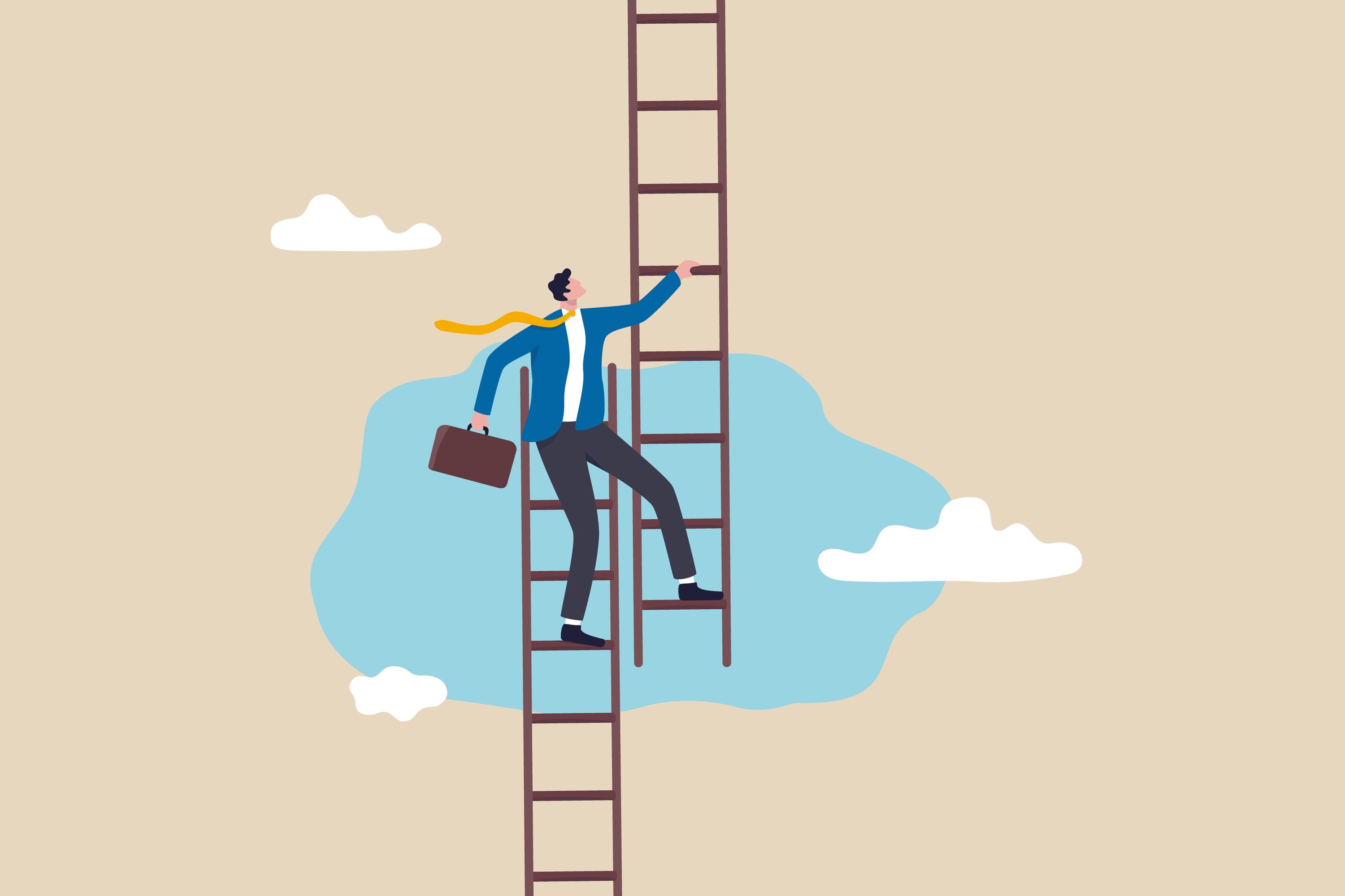 Illustrated man climbing from one ladder to another